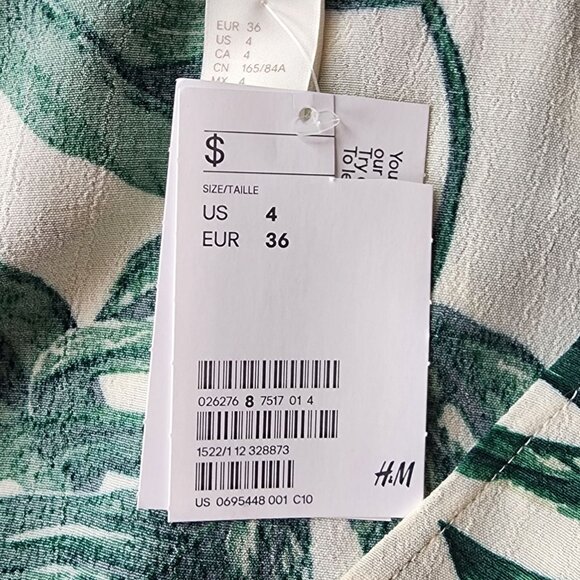 NEW H&M Womens 4 Top Tropical Leaf Ivory Green Bell Sleeve V-Neck Boho Party - Picture 7 of 10